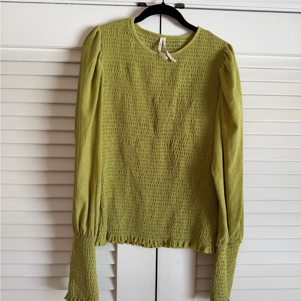 Anthropologie Olive Green Smocked Long-Sleeve Blouse